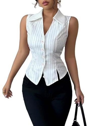 LCDIUDIU Pinstripe Suit Vest Women, White Lapel V Neck Button Down Slit Hem Tunic Waistcoat Sexy Gilet Summer Casual Slim Fit Work Office Cropped Tops White Xl