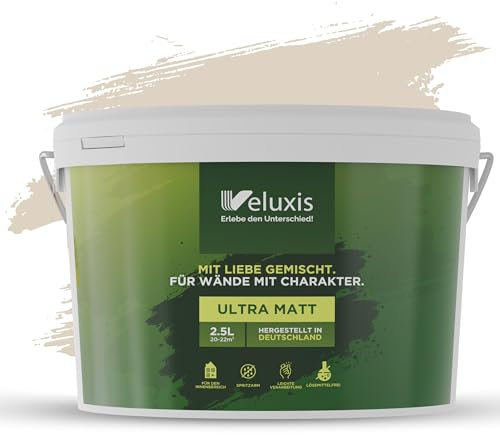 Veluxis® Wandfarbe Creme für den Innenraum - 2,5 Liter & Deckkraft-Klasse 1, Streifenfrei, tropfarm & Öko Farbe, VOC-frei - (Sweet Sesame)