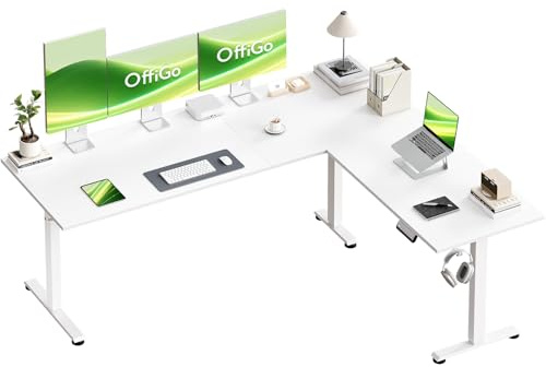 OffiGo Bureau d'angle Assis Debout électrique, 180 x 140 cm, Blanc