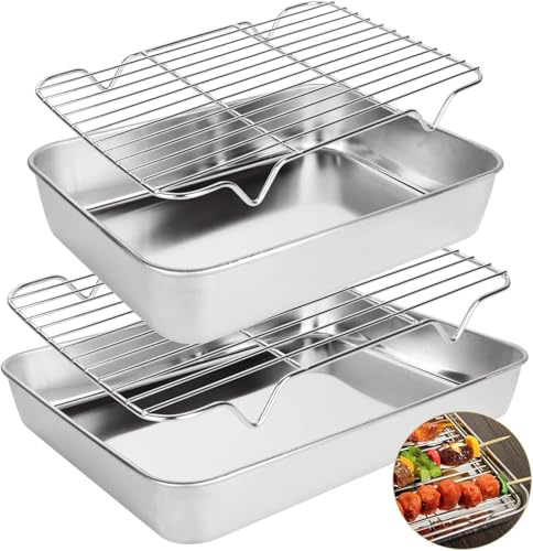 Oungy 4 PCS Roasting Tray with Rack, 2In Depth Stainless Steel Roasting Tin Tray with Cooling Wire Rack, 9&12 Inch Non Stick Cooking Oven Grill Pan Tray with Rack - Dishwasher Safe