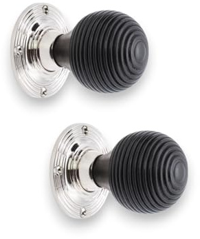 Infinity Decor Pair of Ebonised Wood Beehive Mortice Rim Door Knobs Set 55mm Polished Nickel Wooden Handles -Suitable for Interior & Exterior Doors