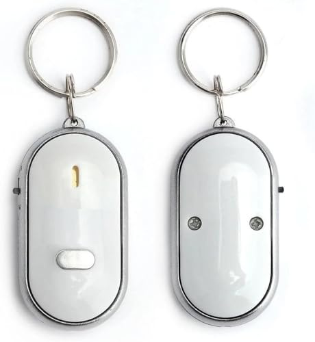 Whistle Key Finder, Beeping Keyfinder fob that makes noise, Voice Control Keychain Key chain Locator for Lost Keys, Smart Item Locator, Anti Lost Alarm LED Sound Keychain With And Flash Light (White)
