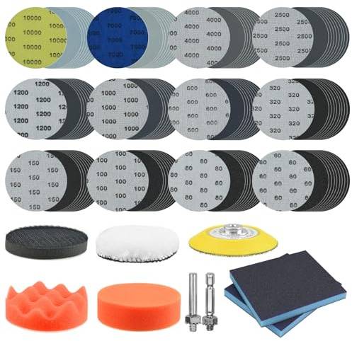 129PCS Wet and Dry Sandpaper 3 Inch Discs Kit, Sanding Disc Grit 60-10000 for Drill, Includes Backer Plate, Sponge Blocks & Buffering Pad for Automotive & Wood Polishing Supplies