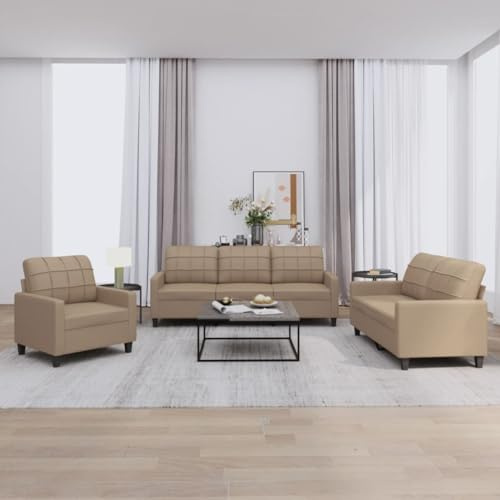 SKM Ensemble de canapés 3 pcs avec Coussins Cappuccino Similicuir,Meubles,Canapés,Brun,67.2KG,3201342