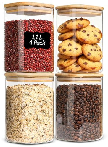 ComSaf 1.1L Glass Jars with Lid Set of 4, Square Storage Jar with Lids Airtight, Clear Pantry Kitchen Storage Container with Bamboo Lids for Noodles Flour Cereal Rice Sugar Tea Coffee Beans
