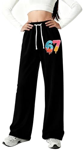 Flickor joggingbyxor med elastiskt 67 tryck, linning, lös passform, hög midja, dragsko, sport, joggingbyxor, ledig, komfort för barn, tonåringar, C-svart, 140