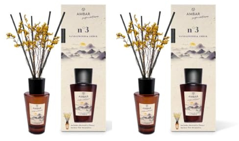 TIENDIFY - Mikado Ambar Signature con Flor Decorativa - 85ml. - Diseño Elegante Ambientador Decorativo para Hogar Salón Dormitorio Oficina (2 unidades, Sándalo y Ambar (sandalwood Amber))