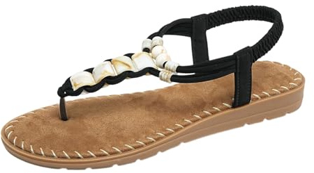 Genérico sandalias,sandalia plana, planas con tiras en T y cuentas para, con piedras preciosas de colores y elástico Blancas (Black, 36)