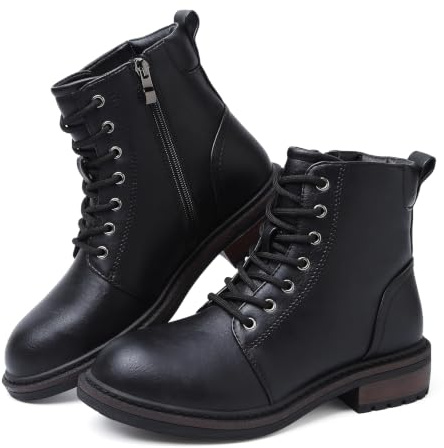 Hanani Womens Ankle Boots Side Zipper Casual Combat Boots Water Resistant Ladies Platform Walking Boots Lace Up Low Block Heel Round Toe Short Boots for Autumn Winter