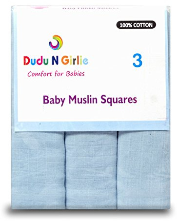 DUDU N GIRLIE Newborn Essentials - Paños de muselina para bebé, 100% algodón, suave y absorbente, para eructos, extra grande, 70 x 70 cm (paquete de 3, azul)