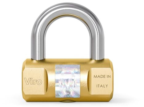 Viro |Lucchetto Antiscasso, Cilindrico, Base 60 mm in Ottone Massiccio, Arco in Acciaio, Chiusura a Scatto, 2 Chiavi in Dotazione