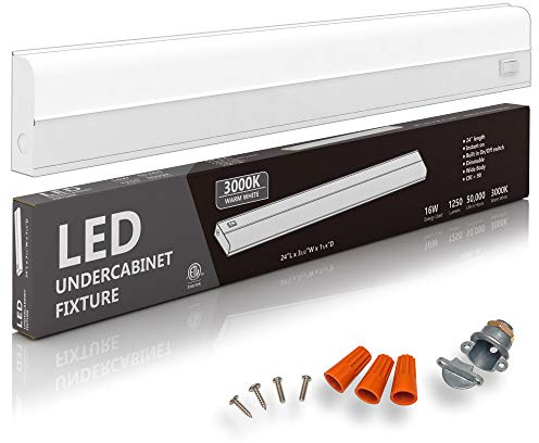Hardwired LED Under Cabinet Lighting - 16 Watt, 24, Dimmable, CRI>90, 3000K (Warm White), Under Cabinet Lights for Kitchen - Wide Body, Long Lasting Metal Base with Frost Lens - Under Counter Lights