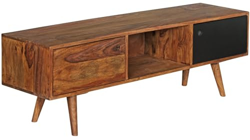 FineBuy Lowboard REPA 140x35x45 cm Sheesham Massivholz, 2 Türen | TV-Kommode im Landhausstil mit offenem Fach, HiFi Regal bis 50 kg belastbar, Fernsehschrank aus Echtholz