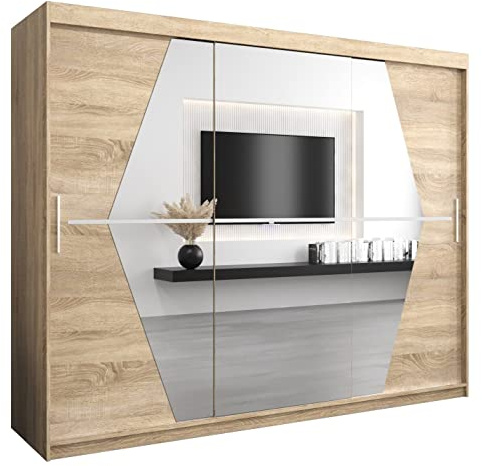 KRYSPOL Schwebetürenschrank Boliwia 250 cm mit Spiegel Kleiderschrank mit Kleiderstange und Einlegeboden Schlafzimmer- Wohnzimmerschrank Schiebetüren Modern Design (Sonoma)