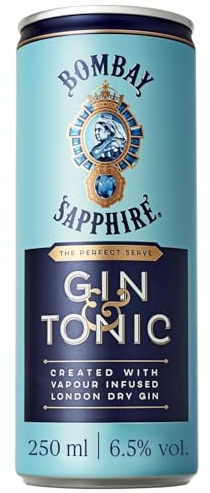 Latas de cóctel Bombay Sapphire Gin & Tonic listo para tomar, 6,5% Vol., 25 cl / 250 ml (pack de 12), bebidas alcohólicas con London Dry Gin 100% infusionada al vapor