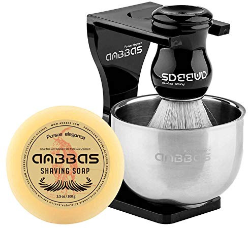 Anbbas Ensemble de blaireau avec savon à raser au lait de 3,5 oz et bol en acier inoxydable, support de rasage en acrylique noir Holer pour Kit de rasage de près DE Razor