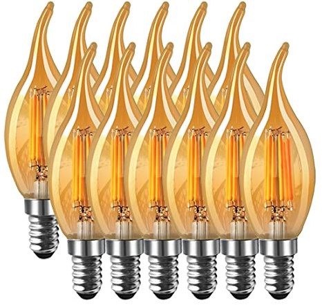 MENTA 12er-Pack 6W E14 Kerze LED Lampe, Bernstein Glas, Vintage Lampe, 6W (ersetzt 60W), 600lm, Warmweiß 2700K, Kerzenform Filament LED Leuchtmittel, Classic Kerze Glühbirne, Flamme, Nicht Dimmbar