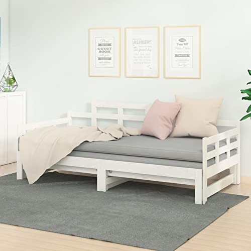 Festnight Tagesbett Ausziehbar Einzelbett 90x200 cm Schlafsofa Holzbett Bettsofa Weiß Schlafcouch Ausziehbett Sofabett Gästebett Bettgestell Bett Holz Jugendbett Weiß