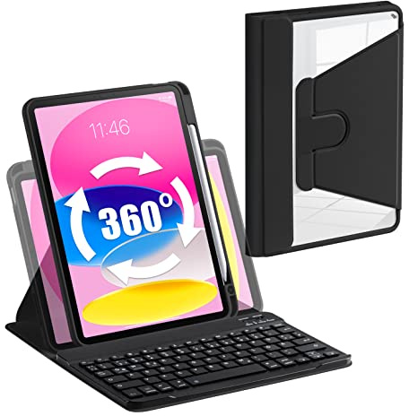 Laetass Funda con teclado giratorio de 360 para iPad de 10 generación de 10.9 pulgadas 2022, funda protectora ligera ultrafina, función de sueño automático/despierto, diseño alemán QWERTZ (negro)