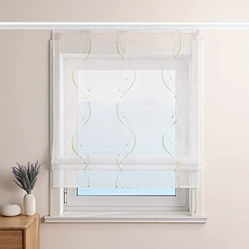 ESLIR Raffrollo Weiß Raffgardine mit Klettband Gardinen Küche Transparent Bändchenrollo Voile Bestickt mit Wellen Muster Grün BxH 120x140cm 1 Stück