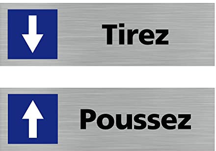 Lot de 2 Pictogrammes de porte Poussez/Tirez (Q0438). Signalisation Porte - 170 X 50 mm - Autocollant souple ou plaque alu brossé 2mm. - Adhésif aspect aluminium brossé - Adhésif aspect aluminium bros