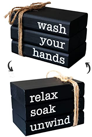 LIVDUCOT Farmhouse Mini Book Stack for Bathroom Decor Accessories Half Bath Decor Wooden Mini Books for Restroom Shelf Decorative Accent for Guest Bathroom,2 Signs in 1 Reversible