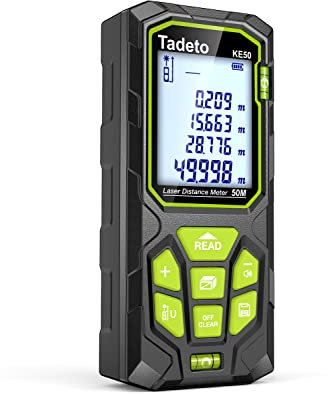 Laser Entfernungsmesser, 50M Lasermessgerät mit LCD-Hintergrundbeleuchtung und 2 Libellen, Genauigkeit von ±2mm, Speichert 99 Datensätze, Kann Entfernung/Fläche/Volumen/Pythagoras Messen