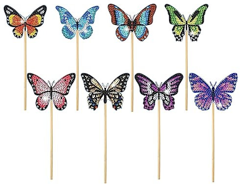 NCTCITY 8 Stück Gartendeko Schmetterling Blumenstecker Set 5D Diamond Art Painting Bunte Garten Schmetterlinge Stangen Garten Ornamente für Pflanzendekoration Outdoor Hof Terrasse Rasen