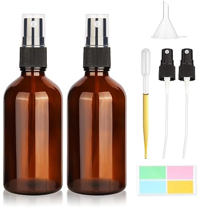 30ml Amber Glass Spray Bottles 2PCS Empty Fine Mist Spray Bottle Refillable Travel Perfumes Spray Bottles for Essential Oils, Perfumes，with 2 Atomizer Pumps, 1Funnel,3ml Plastic Dropper,4 Label