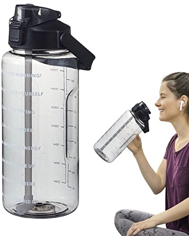 Geteawily Botella de Agua de 2 Litros con Marcador de Tiempo, Botella Motivacional con Pajita Antiderrames, Portátil Sin BPA, Ideal para Oficina, Gimnasio y Aire Libre