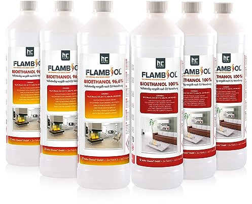 Höfer Chemie 6 x 1 L FLAMBIOL® Bioethanol Probierset für Ethanol Kamin, Ethanol Feuerstelle, Ethanol Tischfeuer und Bioethanol Kamin