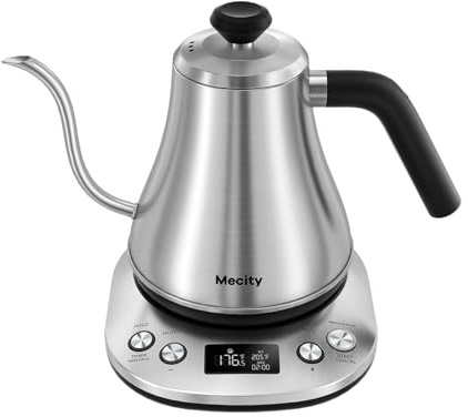Mecity Electric Gooseneck Kettle With LCD Display Automatic Shut Off Retro Coffee Kettle Temperature Control Hot Water Boiler to Pour Over Tea, 1200 Watt Quick Heating Tea Pot, 0.8L, Stainless Steel