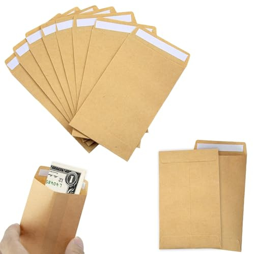 128 PCS Small Envelopes, 3.9 X 2.4 Inch Self-Adhesive Small Brown Money Mini Envelopes Packing Storing for Items Wages Notes Beads