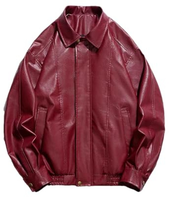 Vsadsau Solide Lederjacke Mantel Herren Umlegekragen Raglanärmel Motorrad Oversize Oberbekleidung, rot, M