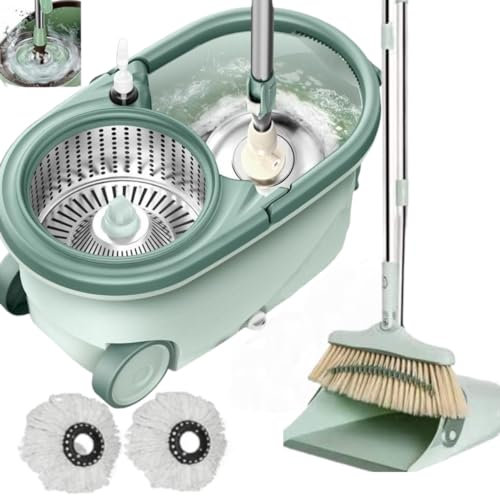 *NEW* SWISSPACK Spin Mop and Buckets Sets With Matching Dustpan and Brush Telescopic Handle & 2 Reusable Pads for Hardwood Laminate Tile Floors - Green Combo