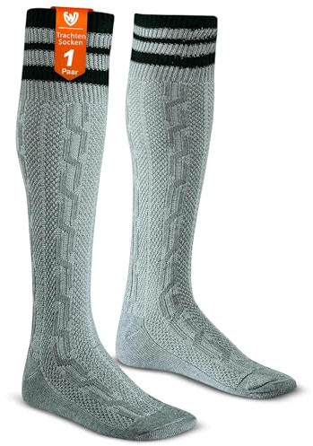 German Wear Calcetines largos de algodón para traje regional, 50 cm de largo, gris/verde, 46-48