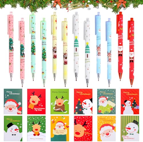 24 Stück Gelschreiber Mini Notizblock Weihnachten Set, Weihnachten Kugelschreiber, Füllfederhalter, Weihnachten Cartoon Kleine Notizblöcke, Weihnachten Kleinigkeiten für Schreiben Schule Büro