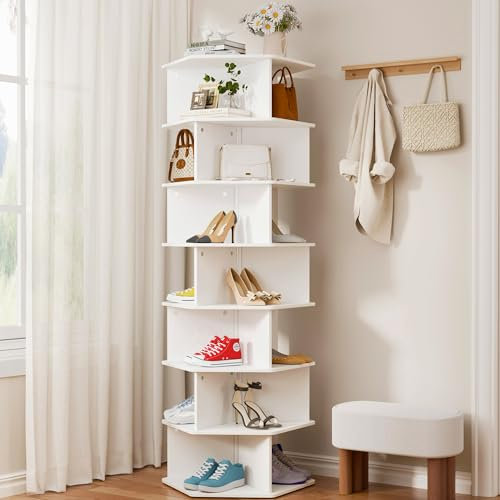 360° Drehbares Schuhregal, 7-Lagige Schuh Und Taschenvitrine Im Modernen Sechseckigen Design, Platzsparender Mehrzweckschrank Für Garderoben Und Eingangsbereiche – Aufbewahrung In Elegantem Weiß
