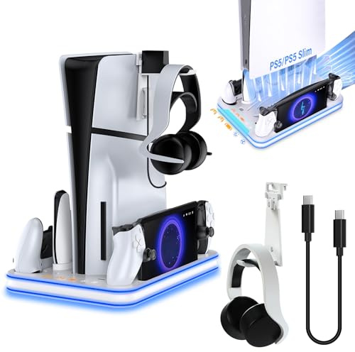 Sehawei PS5/PS5 Pro/PS5 Slim Ständer mit 3 stufig Lüfter & 5 RGB Licht Modi | PS5 Standfuß mit PS Portal Dock ,PS5 Controller Ladestation,Headset Halter,Remote Steckplatz,PS5/PS5 Slim Zubehör