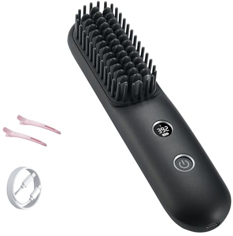 STUDLLY LCD Screen Cordless Hair Straightener and Curler 2 in 1, Rechargeable Portable Mini Travel Negative Ionic Hair Straightening Brush for Women, Fast Heating Hot Comb for Women, Black