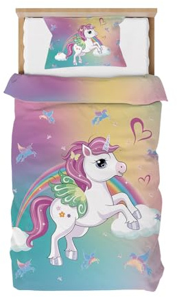 DJDEA Housses de Couettes Licorne 90x190cm, Parure de Lit 1 Personne avec Fermeture Éclai pour Enfant Fille Arc en Ciel - Housse de Couette Licorne en Microfibre avec Taie d'oreiller 40x60cm