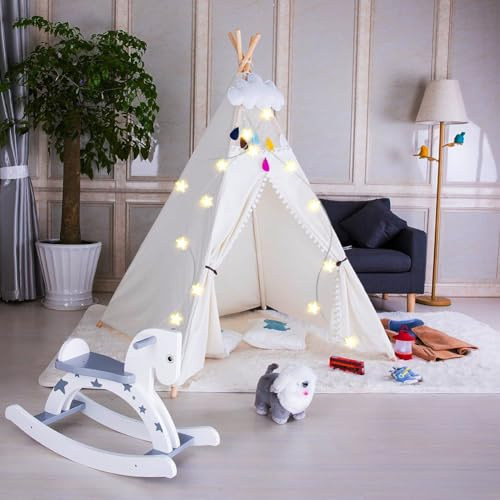 LA FEIER Teepee Tent with Star Lights & Carry Case, Luxury Lace Washable Foldable Toddler 100% Cotton Play Tent for Indoor Outdoor Party Girls & Boys, White