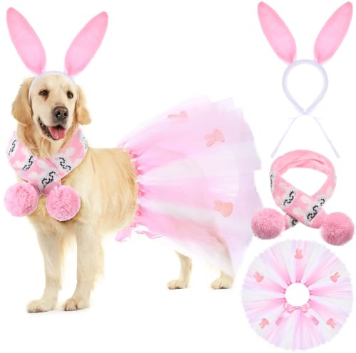 SilTriangle 3 Pieces Easter Dog Costume Set Including Easter Rabbit Ears Headband Easter Dog Tutu Dress Cute Pet Tutu Pink Easter Pet Scarf for Medium Dogs Holiday Outfit Accessory