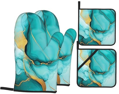 4 Pcs Teal Turquoise Liquid Marble Oven Mitts and Potholders,Kitchen Oven Glove with Pot Holders,Non-Slip Gloves High Heat Resistant 500 Degree for BBQ, Grill, Baking, Cooking, Oven, Microwave