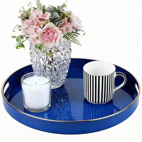 Simmer Stone Round Plastic Modern Vanity Serving Tray one Decorative, Round Plastic with Handles, for Ottoman, Coffee table, Kitchen and Bathroom, Size 13 (Navy Blue)
