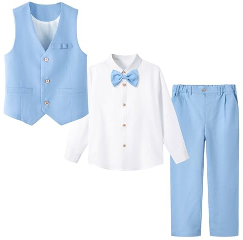 LOLANTA 4 Pezzi Completo Cerimonia Elegante Bambino, Ragazzi Paggetto Matrimoni Battesimo Abito in Lino Gilet Suit Set, Azzurro, 5-6 Anni, 120