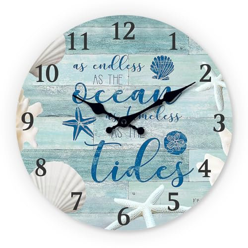 NUOVO Wall Clock, 10 Inch Nautical Wall Clock, Silent Non Ticking, Ocean Design with Shells and Starfish, Decorative for Kitchen, Living Room, Bedroom, Bathroom