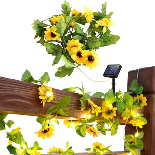 Garland Fairy Lights, 2M 20 LED Solar String Lights Outdoor, LED Fairy Lights with Artificial Sunflowers Ivy Leaves, Ivy Vine String Light Waterproof Decoration for Garden Balcony Room Decor
