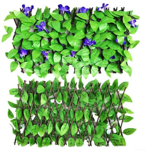 Clôture télescopique extensible en gazon artificiel avec lierre artificiel et fleur violette pour décoration de jardin (orchidée violette)