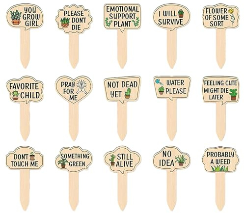 Plant Labels, Plant Labels for Garden and Greenhouse, Waterproof with Wooden Sticks, Pack of 15 with Funny Sayings for Flower Pots, Garden Accessories, Plant Marking, Outdoor